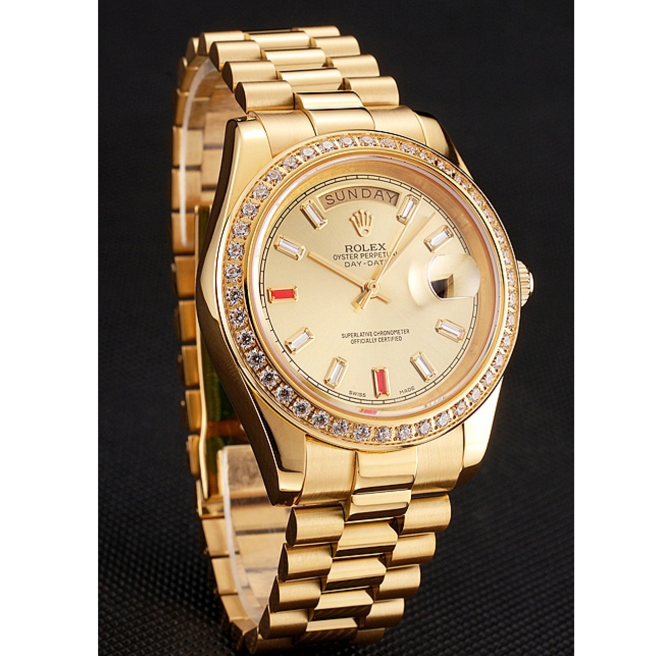 MiroTime 0801 Swiss Rolex Day-Date Diamonds And Rubies Champagne Dial Gold Bracelet 1454100